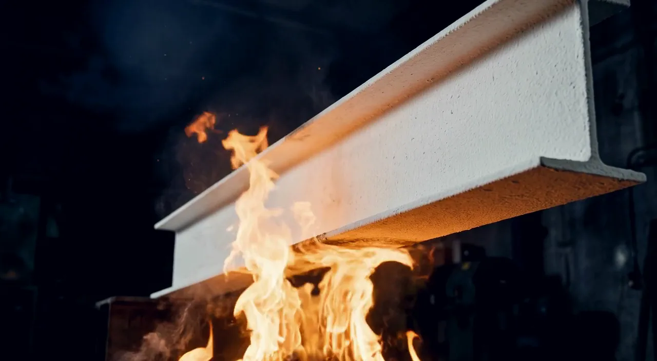 Flames rising against a white intumescent-coated structural steel beam, the coating protecting the steel